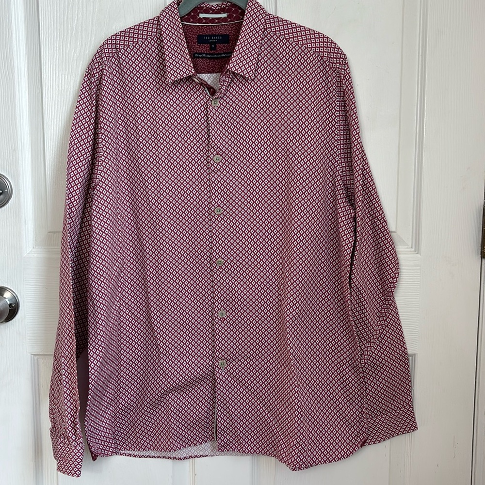 TED BAKER London red mix pattern button down shirt size 5 / size XL